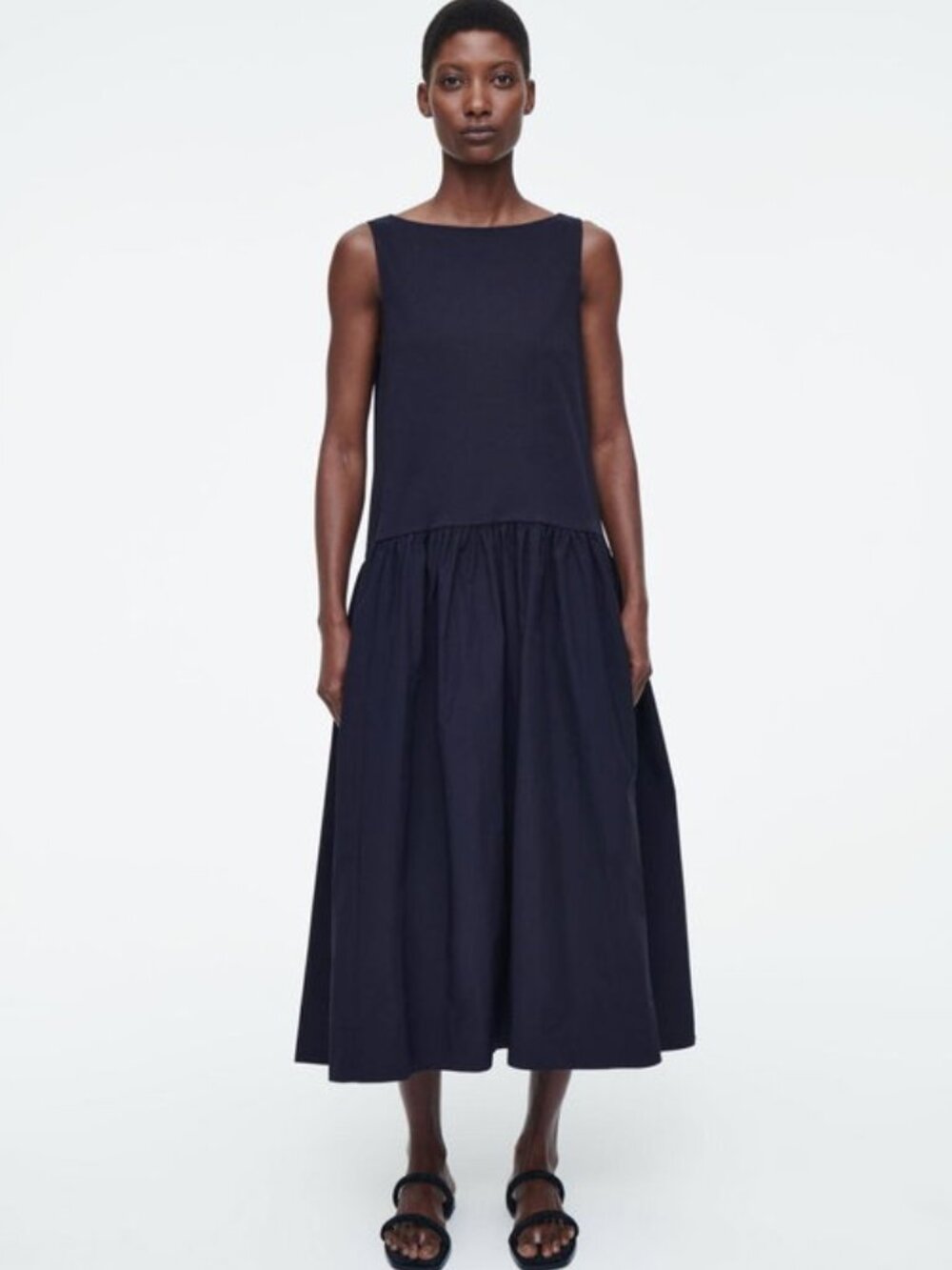 COS Voluminous Sleeveless Midi Dress in Navy Size Large